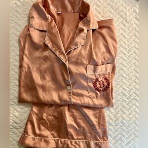 Pink Silk Pajama Set with B Monogram on Pocket